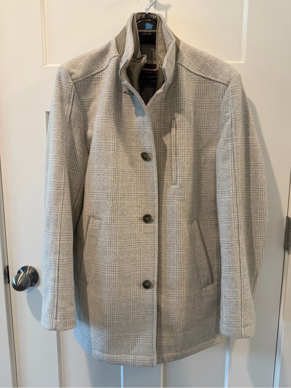 Johnston & Murphy Light Gray Plaid Wool Blend Pea Coat